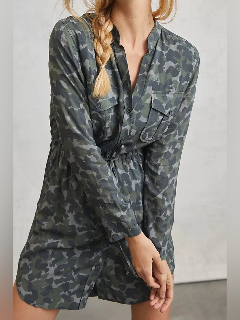 CLOTH & STONE Nina Green & Grey Camo Mini Shirt Dress w Long Sleeves
